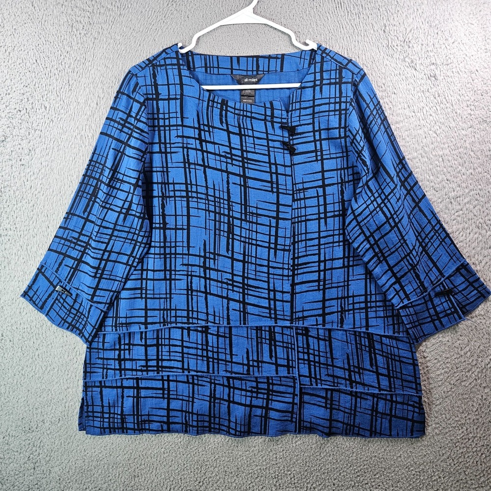 Ali Miles Tunic Top Blouse Women Large Geometric Print Black Blue